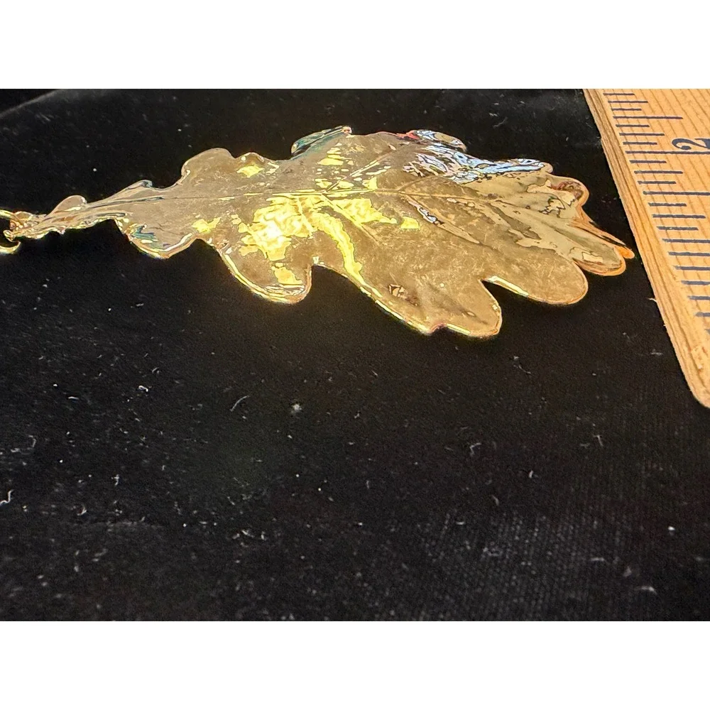 Vintage Gold Tone Large Oak Leaf Pendant Textured Nature Statement Jewelry